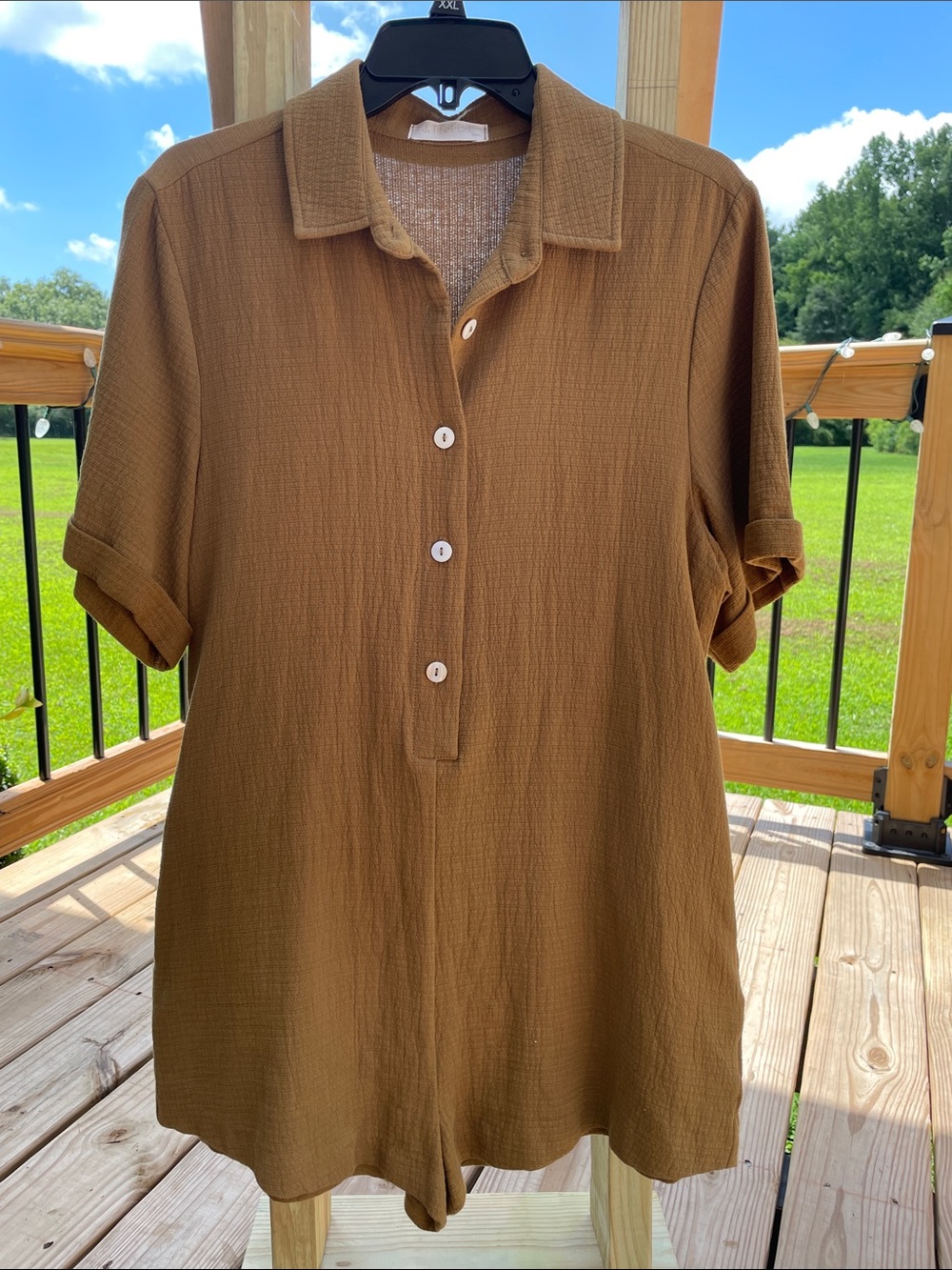 Casual 100% Cotton Short-Sleeve Brown Romper